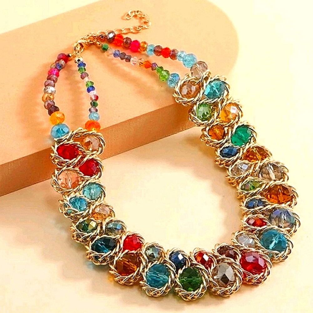 Last One: "Jodie" Gold Stone Statement  Necklace